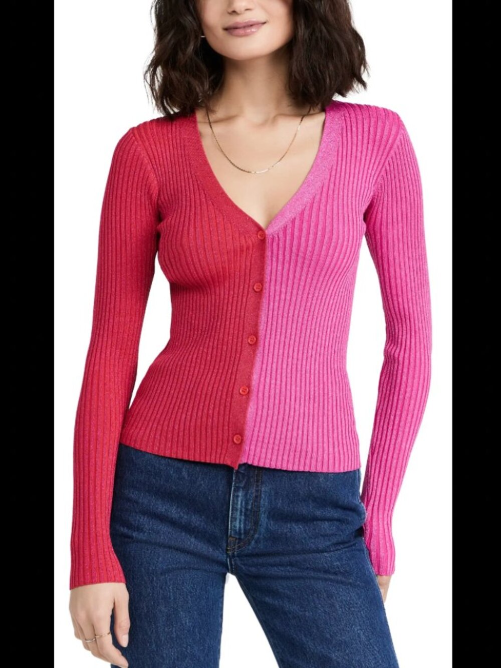 $175 Staud Pink Red Sparkle Metallic Colorblock Cardigan Sweater size Medium